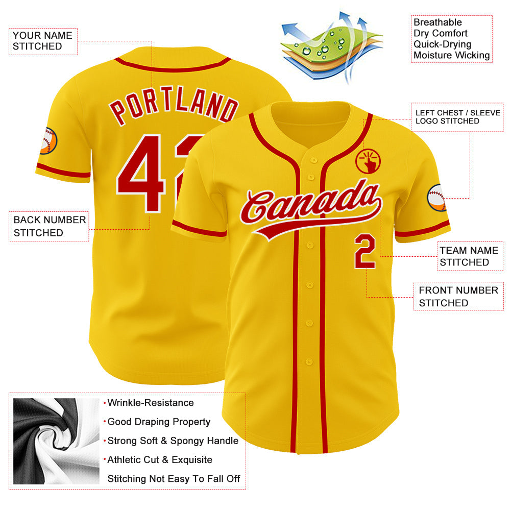 Custom Yellow Red-White Authentic Baseball Jersey view 3