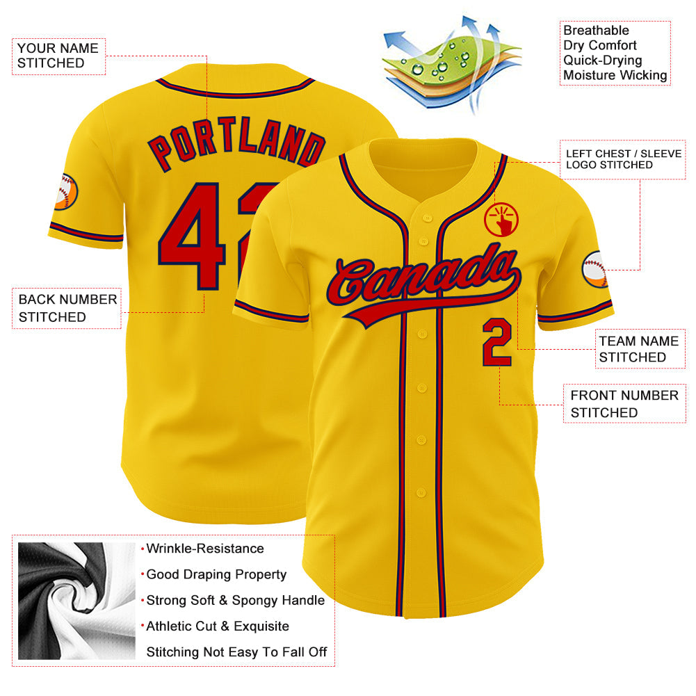 Custom Yellow Red-Navy Authentic Baseball Jersey view 3