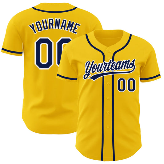Custom Yellow Navy-White Authentic Baseball Jersey - Main View