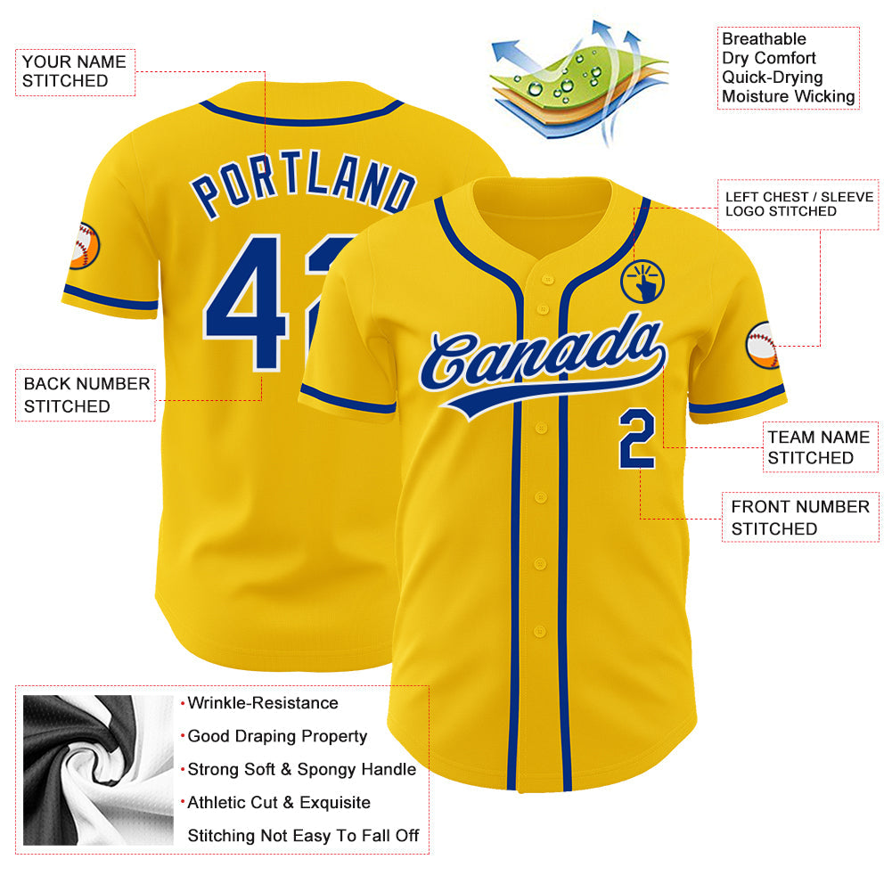 Custom Yellow Royal-White Authentic Baseball Jersey view 4