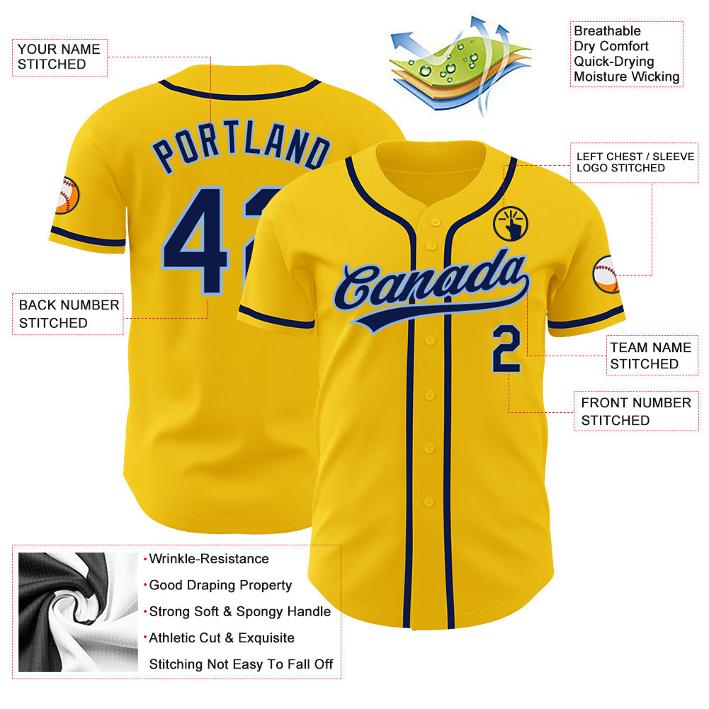 Custom Yellow Navy-Light Blue Authentic Baseball Jersey view 3