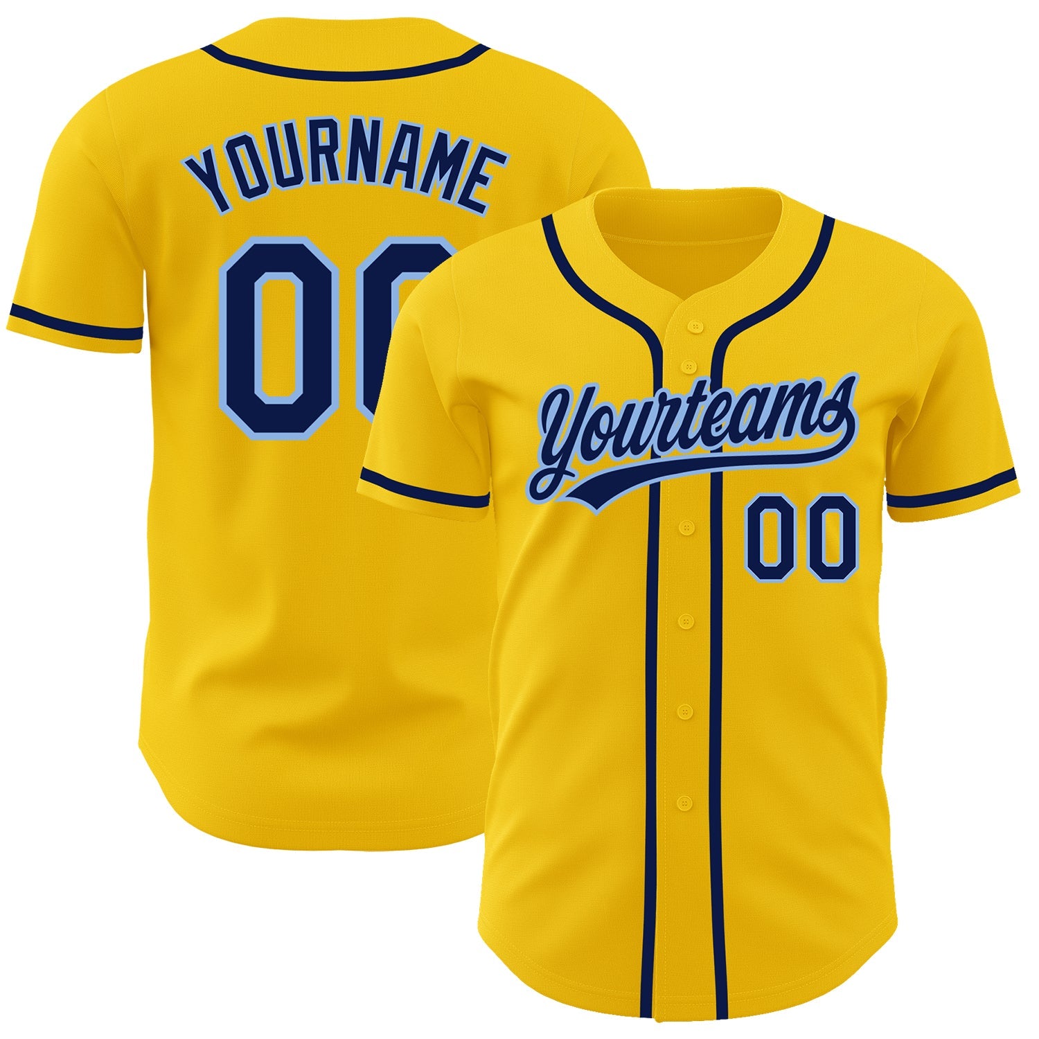 Custom Yellow Navy-Light Blue Authentic Baseball Jersey - Main View