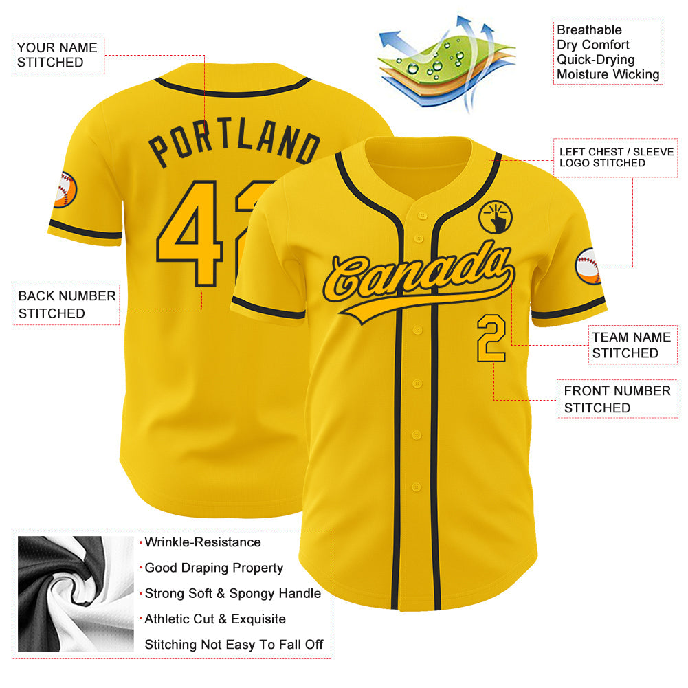 Custom Yellow Gold-Black Authentic Baseball Jersey view 3