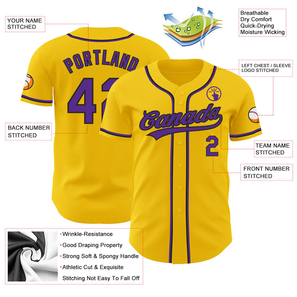 Custom Yellow Purple-Black Authentic Baseball Jersey view 3