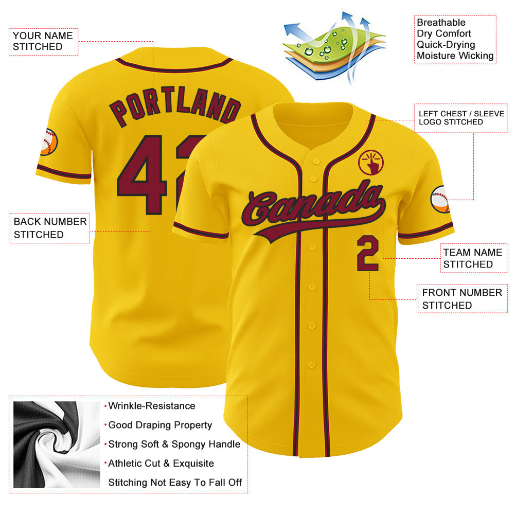 Custom Yellow Crimson-Black Authentic Baseball Jersey view 3