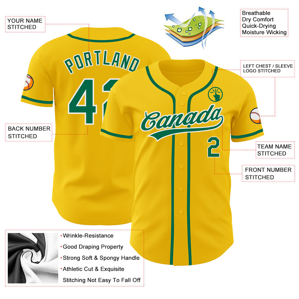 Custom Yellow Kelly Green-White Authentic Baseball Jersey view 3