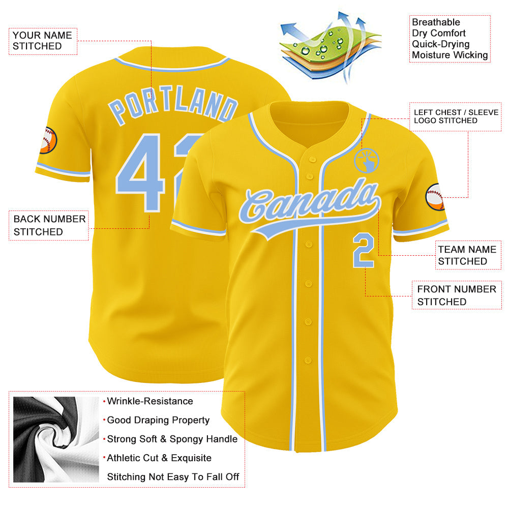Custom Yellow Light Blue-White Authentic Baseball Jersey view 3