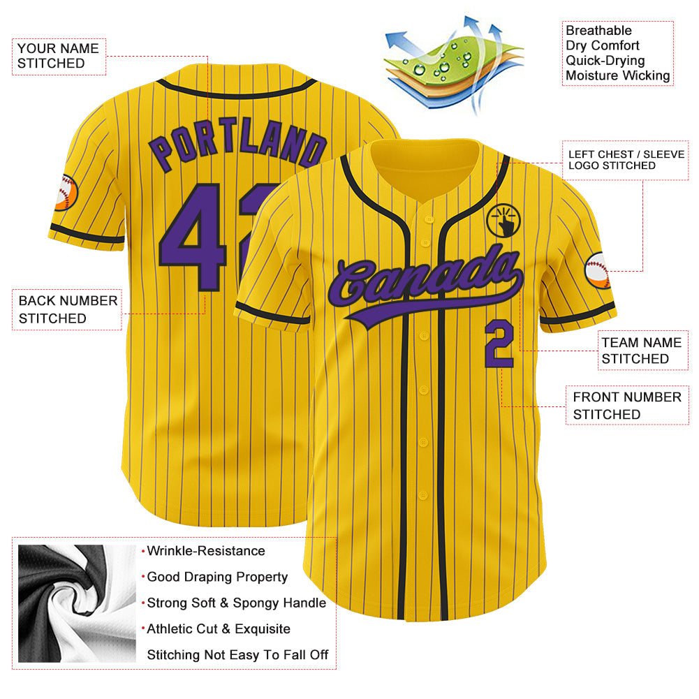 Custom Yellow Purple Pinstripe Black Authentic Baseball Jersey view 3