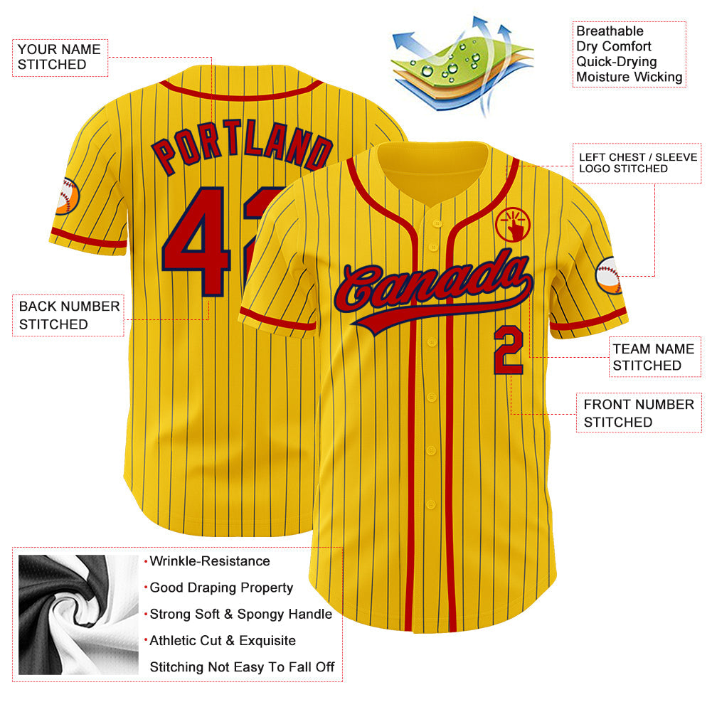 Custom Yellow Navy Pinstripe Red Authentic Baseball Jersey view 3