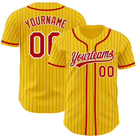 Custom Yellow Black Pinstripe Red-White Authentic Baseball Jersey - Main View