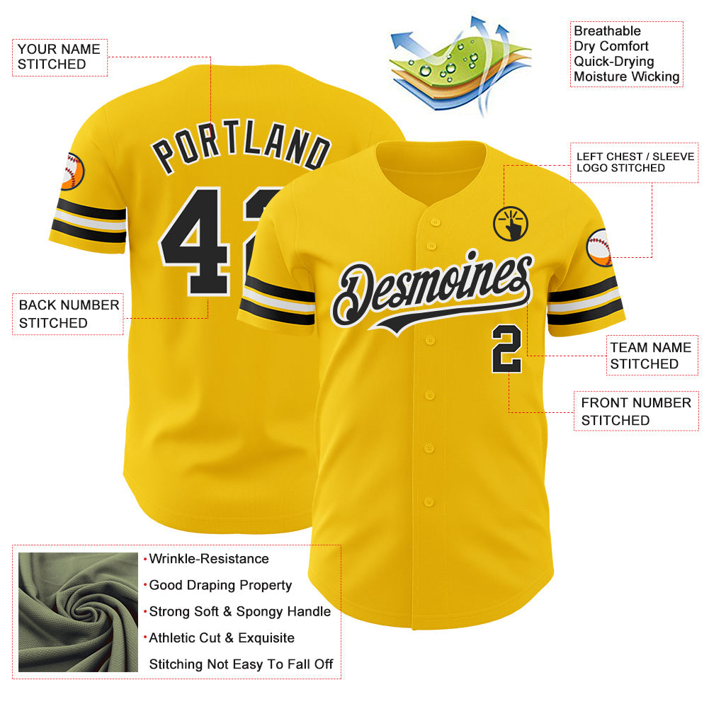 Custom Yellow Black-White Authentic Baseball Jersey view 3