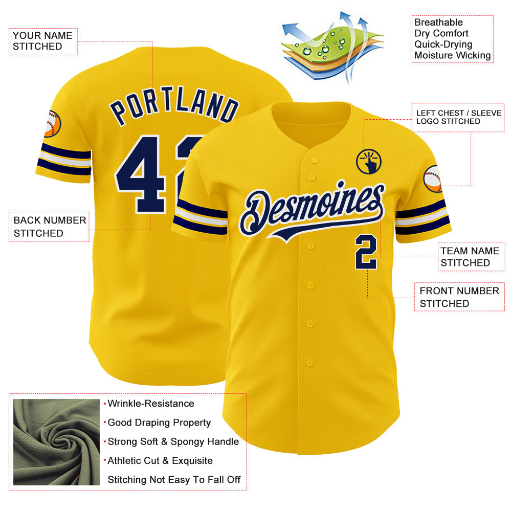 Custom Yellow Navy-White Authentic Baseball Jersey view 3