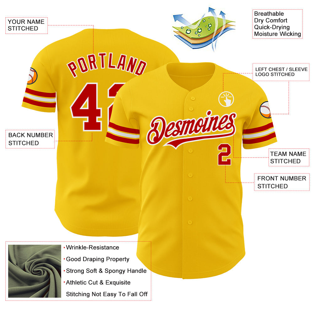 Custom Yellow Red-White Authentic Baseball Jersey view 3