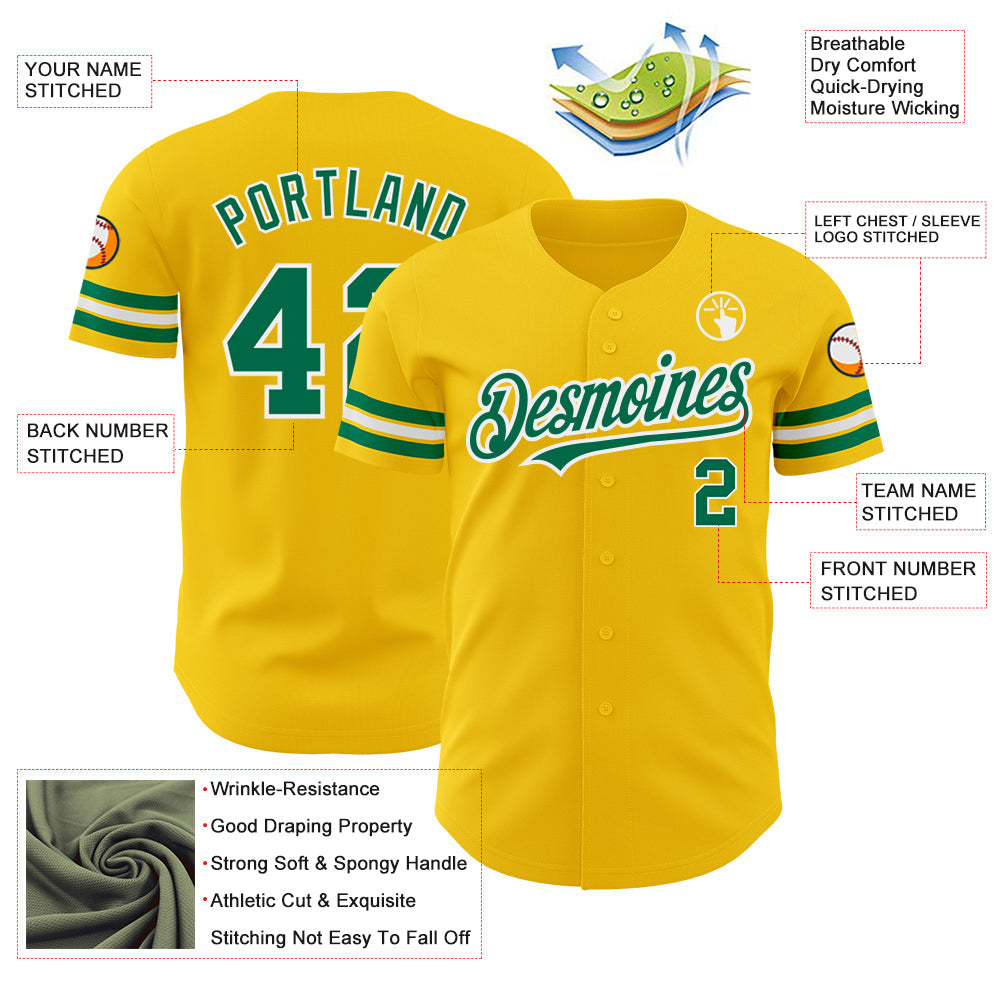 Custom Yellow Kelly Green-White Authentic Baseball Jersey view 3