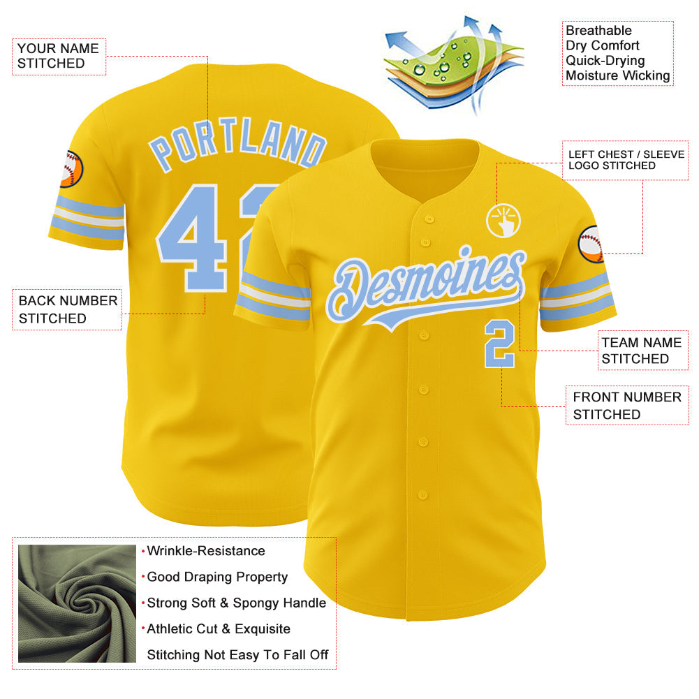 Custom Yellow Light Blue-White Authentic Baseball Jersey view 3