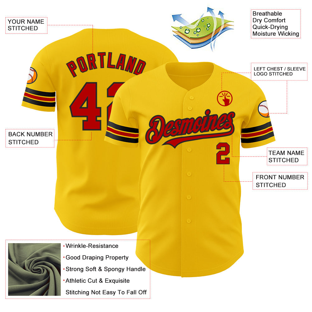 Custom Yellow Red-Black Authentic Baseball Jersey view 3