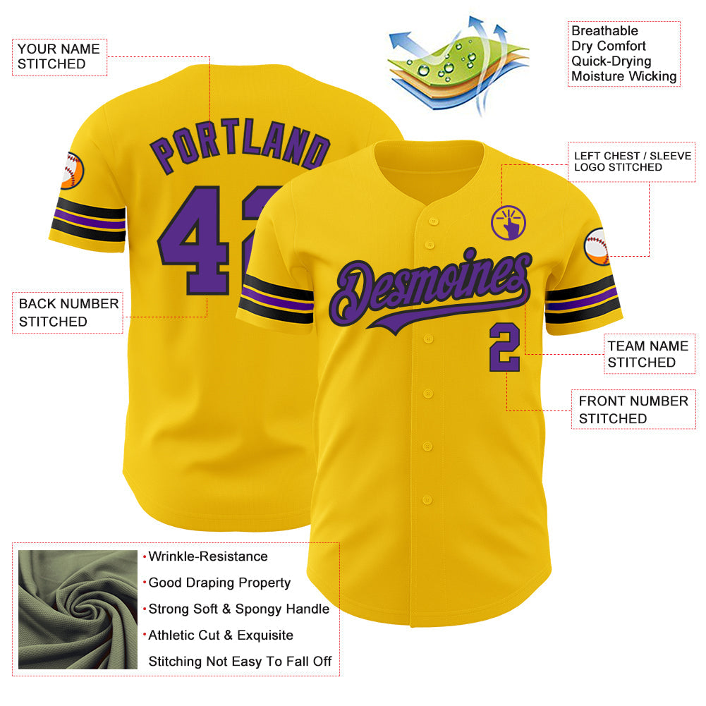 Custom Yellow Purple-Black Authentic Baseball Jersey view 3