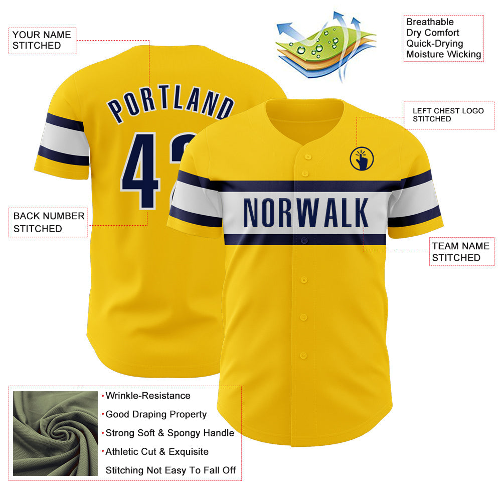 Custom Yellow Navy-White Authentic Baseball Jersey view 3