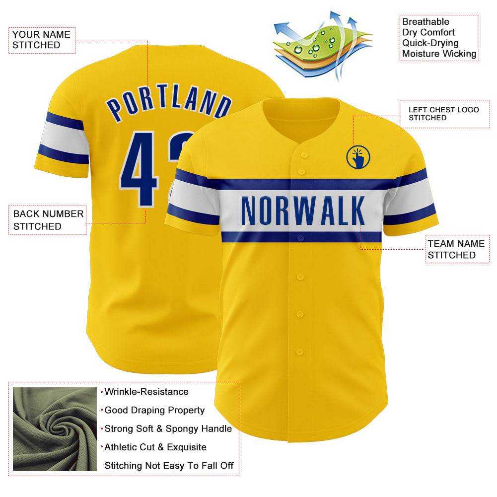 Custom Yellow Royal-White Authentic Baseball Jersey view 3