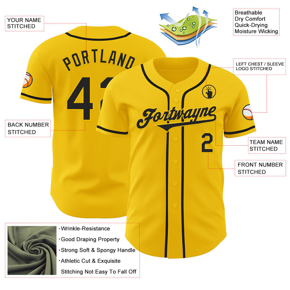 Custom Yellow Black Authentic Baseball Jersey view 3