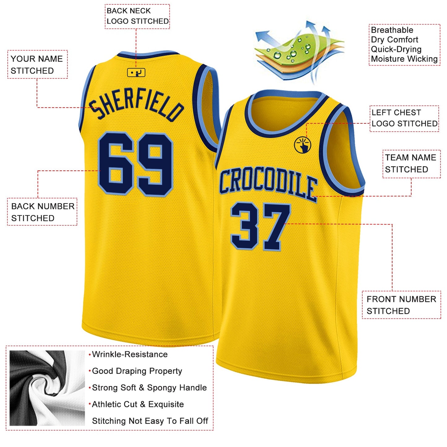 Custom Yellow Navy-Light Blue Authentic Basketball Jersey view 2