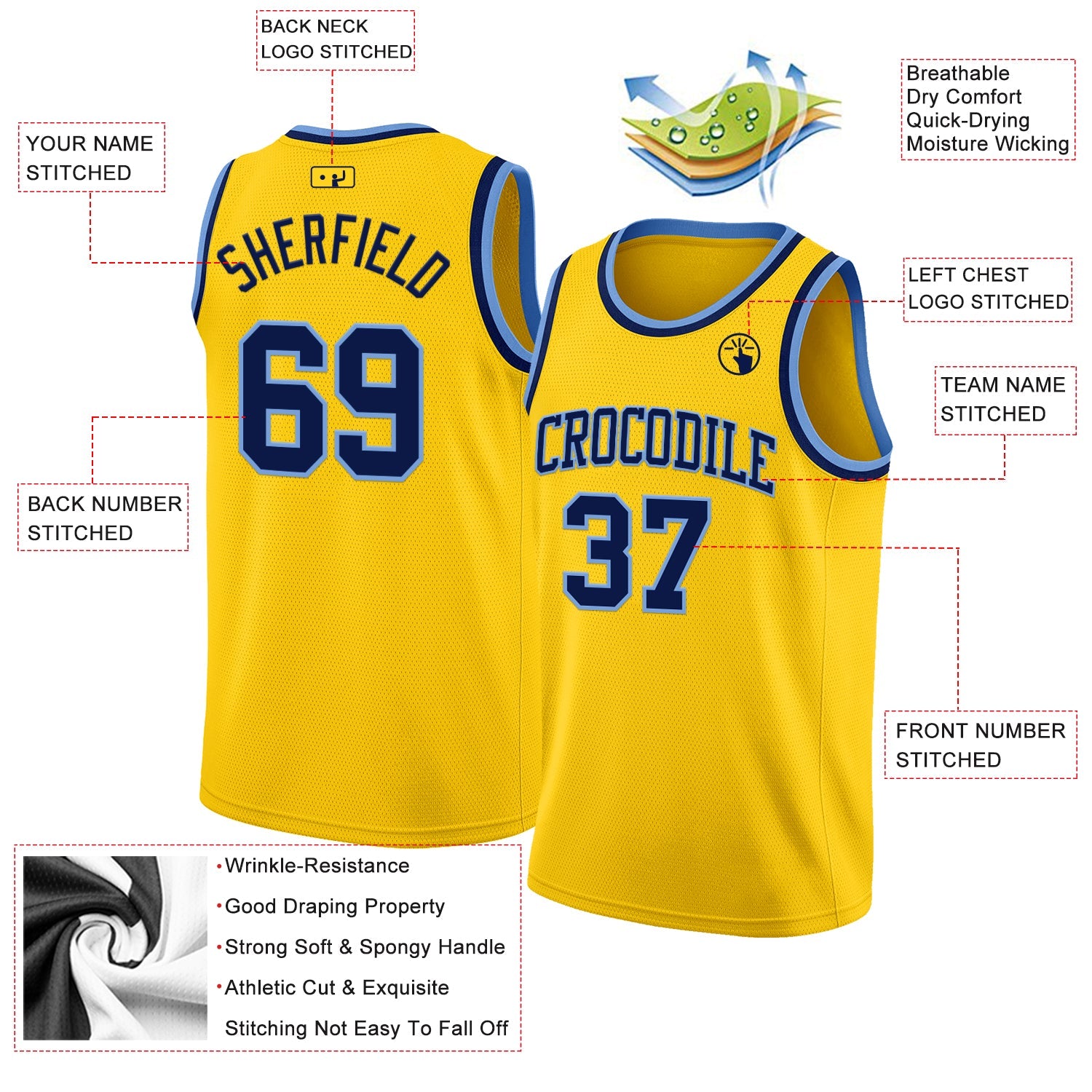 Custom Yellow Navy-Light Blue Authentic Basketball Jersey view 2