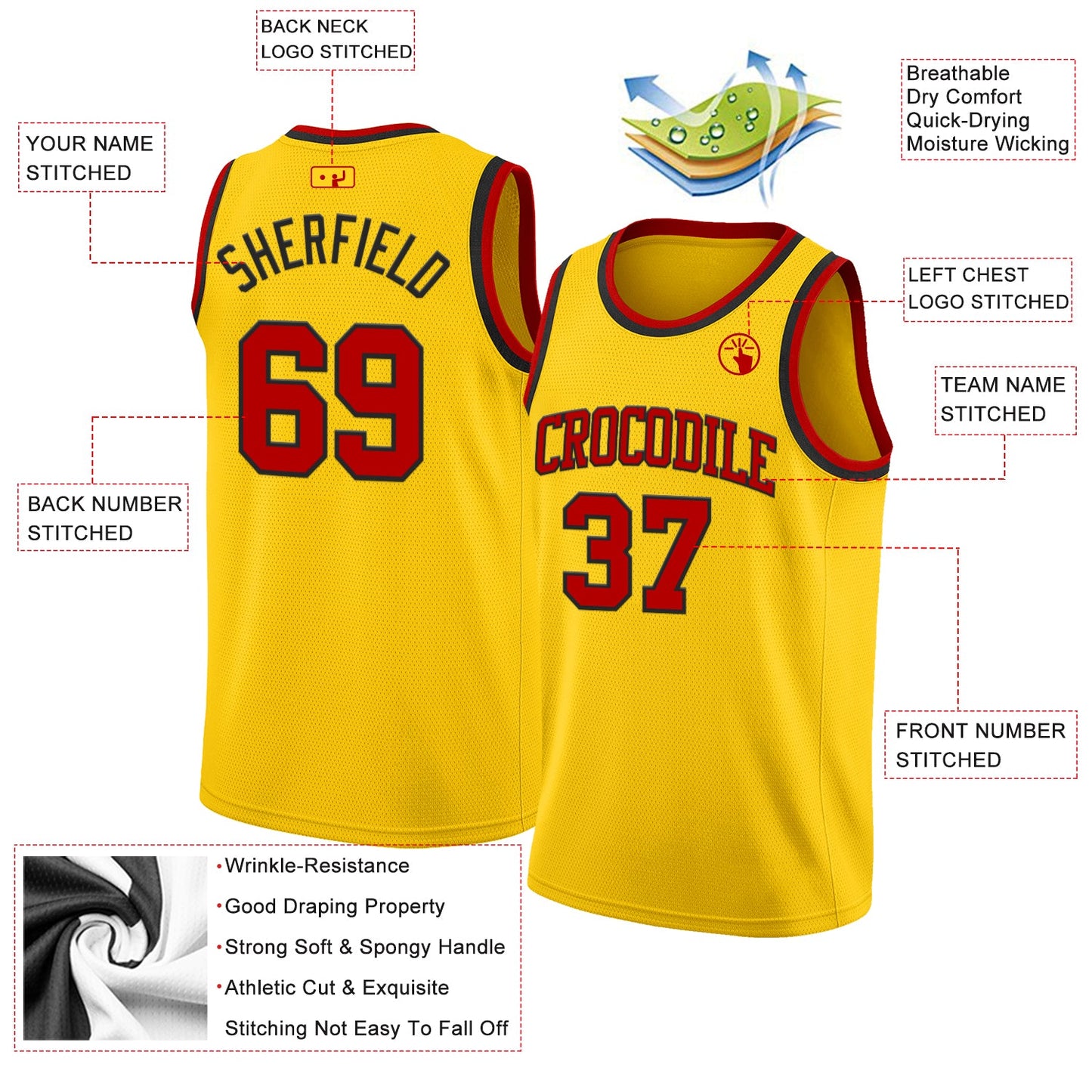Custom Yellow Red-Black Authentic Basketball Jersey view 2