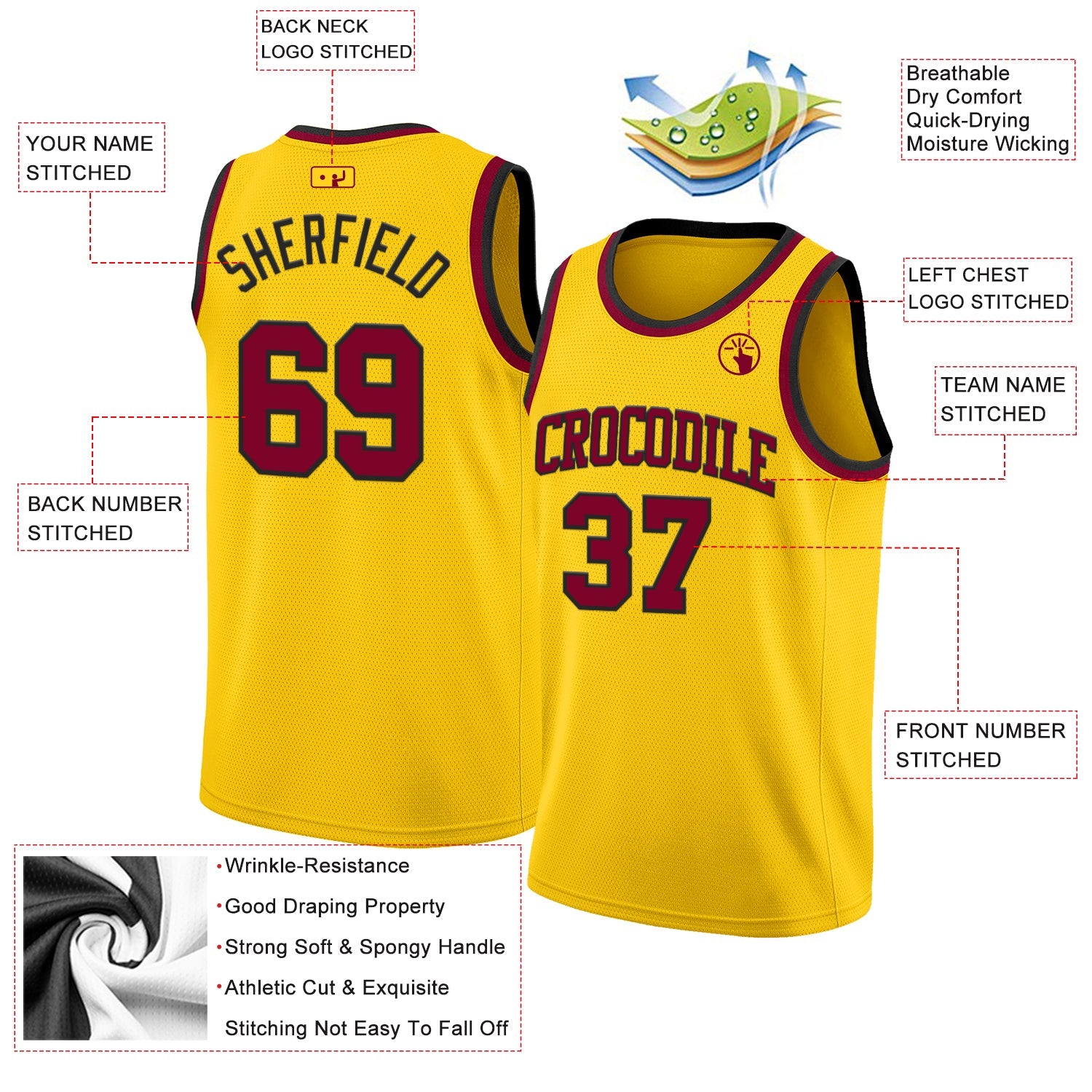 Custom Yellow Maroon-Black Authentic Basketball Jersey view 2