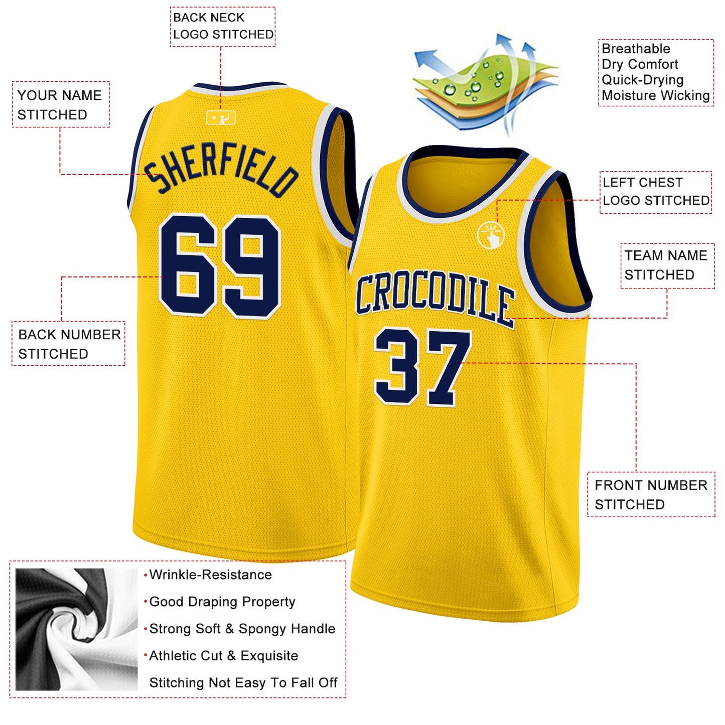 Custom Yellow Navy-White Authentic Basketball Jersey view 2