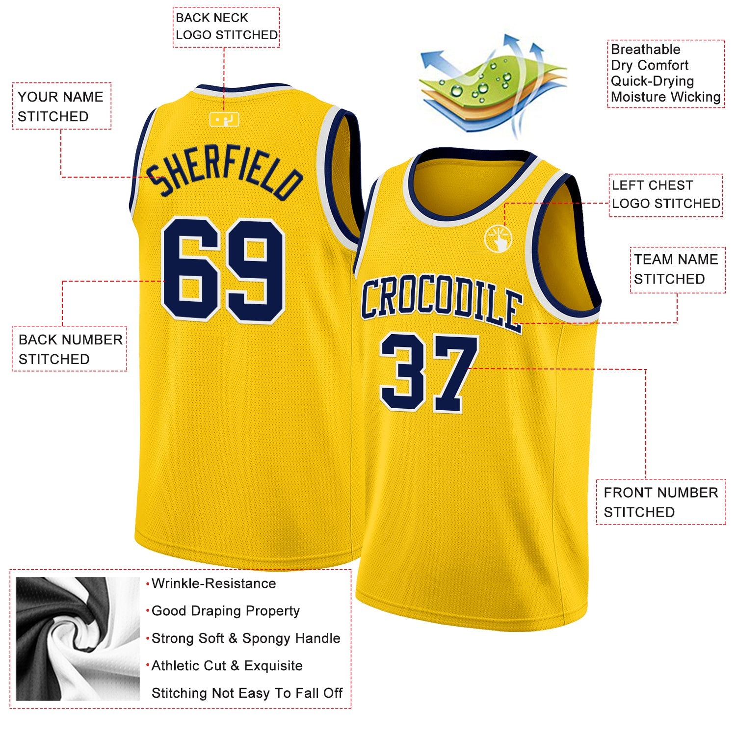 Custom Yellow Navy-White Authentic Basketball Jersey view 2