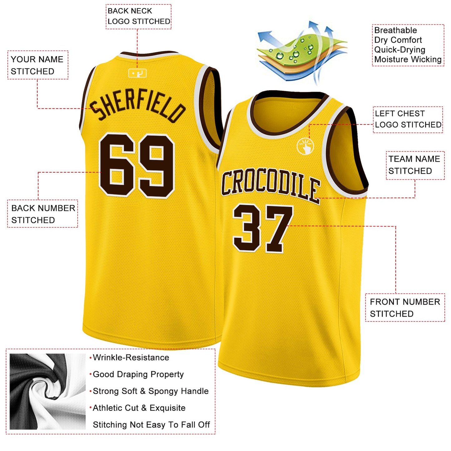 Custom Yellow Brown-White Authentic Basketball Jersey view 2