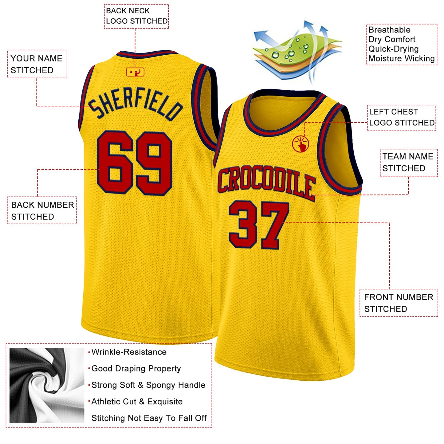 Custom Yellow Red-Navy Authentic Basketball Jersey view 2