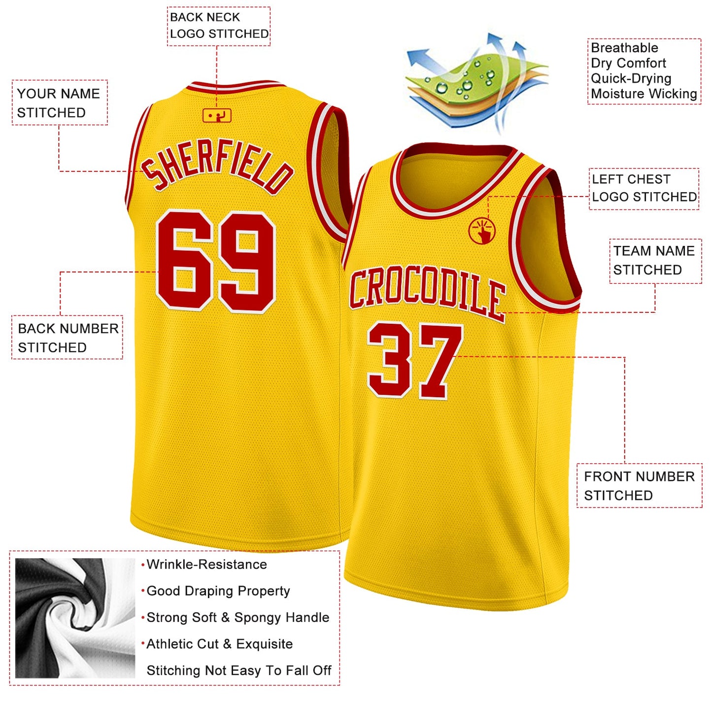 Custom Yellow Red-White Authentic Basketball Jersey view 2