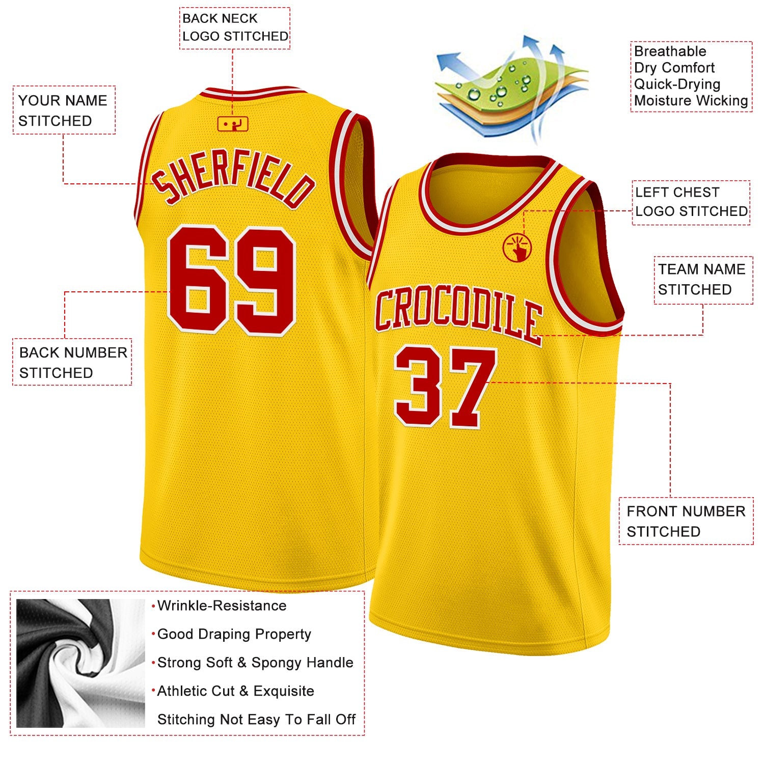 Custom Yellow Red-White Authentic Basketball Jersey view 2