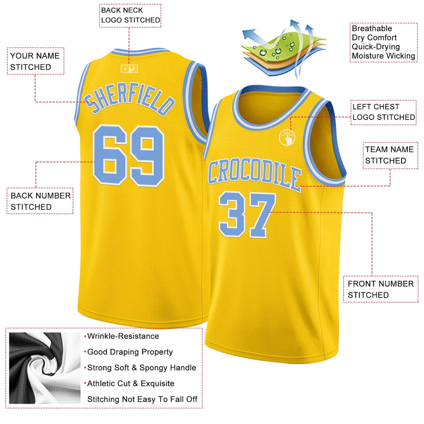 Custom Yellow Light Blue-White Authentic Basketball Jersey view 2