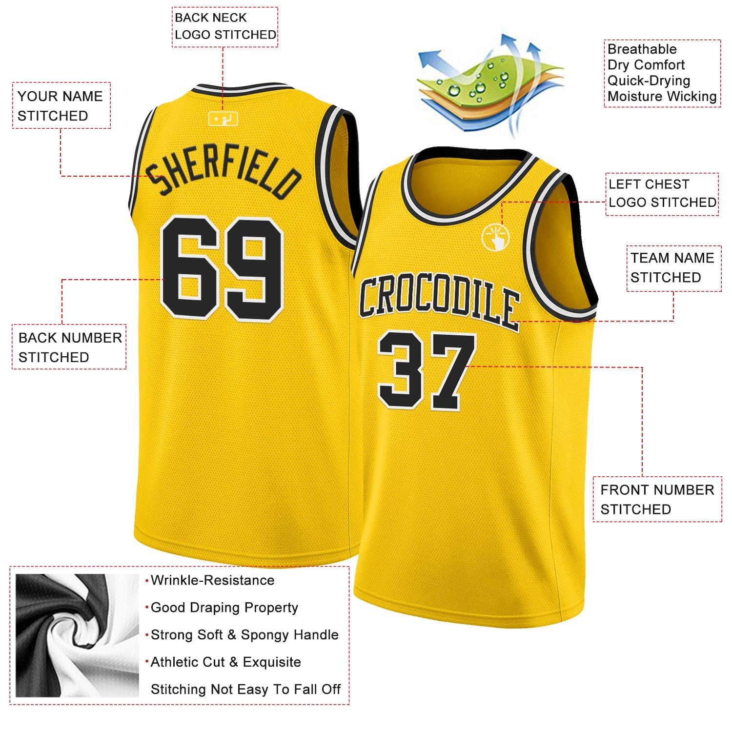 Custom Yellow Black-White Authentic Basketball Jersey view 2