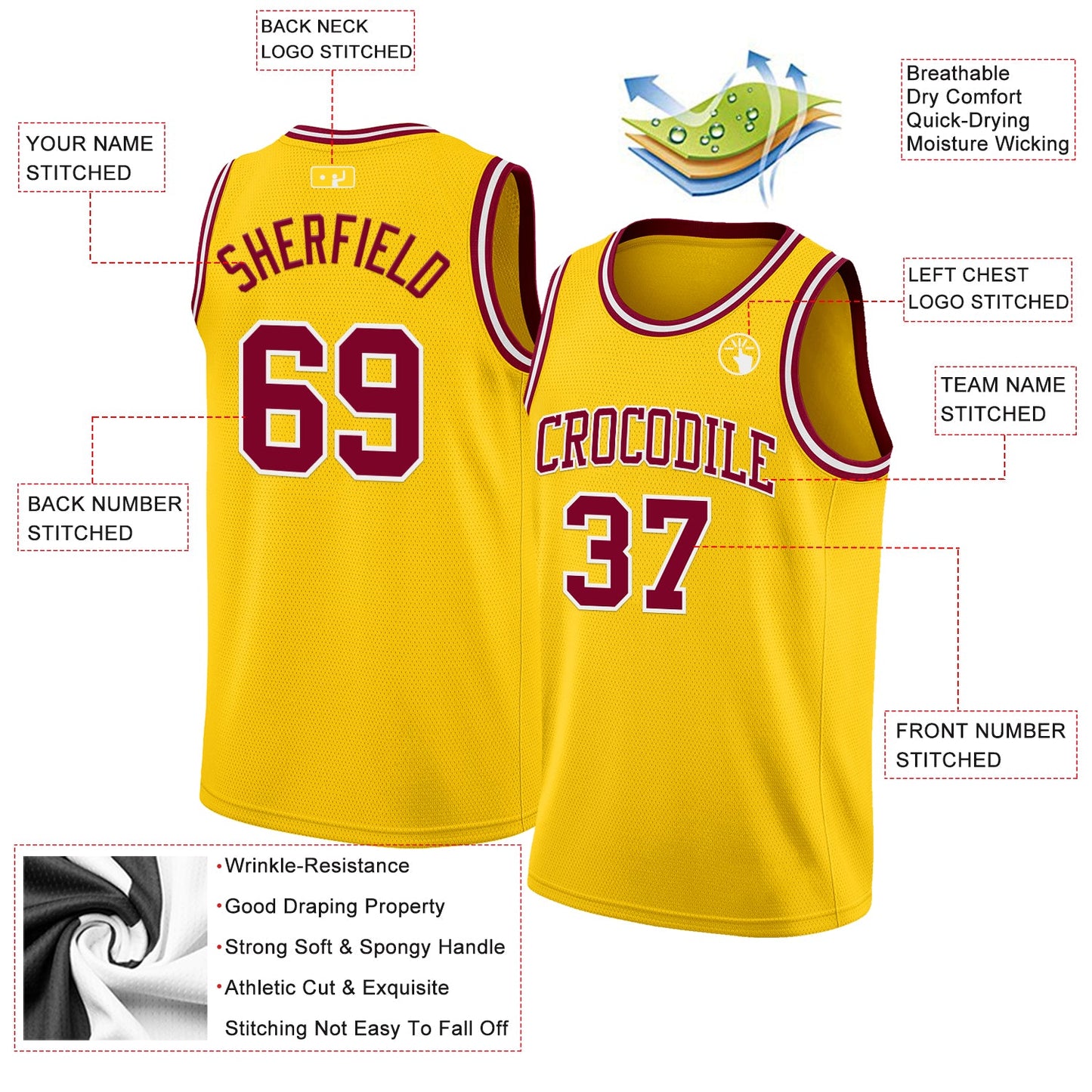 Custom Yellow Maroon-White Authentic Basketball Jersey view 2