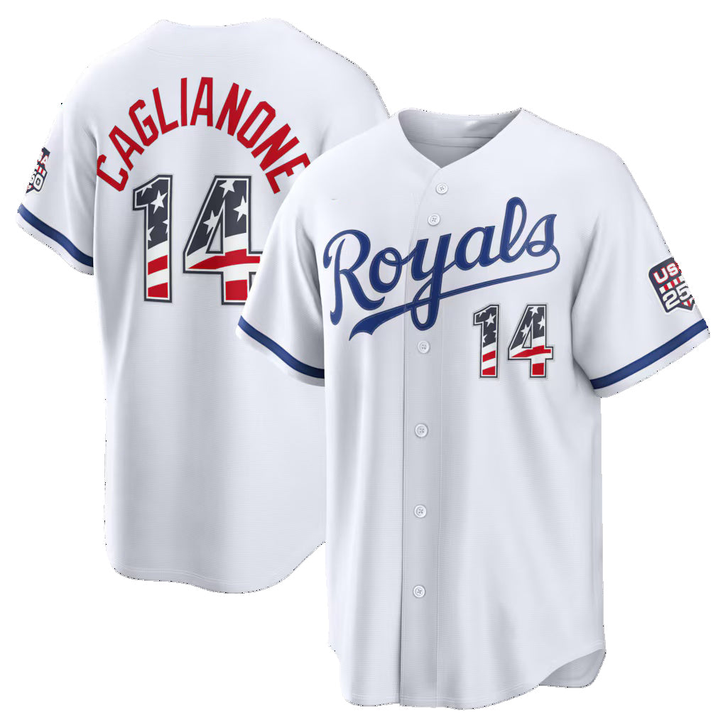 Kansas City Royals #14 Jac Caglianone USA 250 Fourth of July Home Stadium Jersey - White Tailgate Goods - Main View