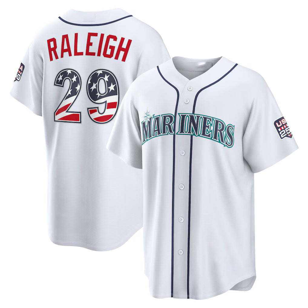 Seattle Mariners #29 Cal Raleigh USA 250 Fourth of July Home Stadium Jersey - White Tailgate Goods - Main View