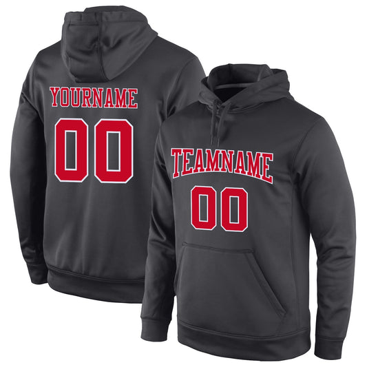 Custom Stitched Anthracite Red-White Sports Pullover Sweatshirt Hoodie - Main View