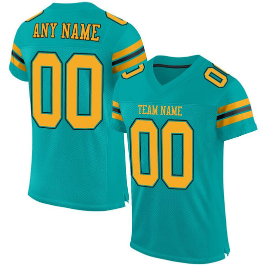 Custom Aqua Gold-Black Mesh Authentic Football Jersey - Main View