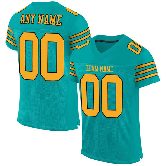Custom Aqua Gold-Black Mesh Authentic Football Jersey - Main View