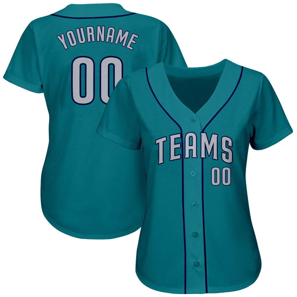 Custom Teal Gray-Navy Authentic Baseball Jersey view 2