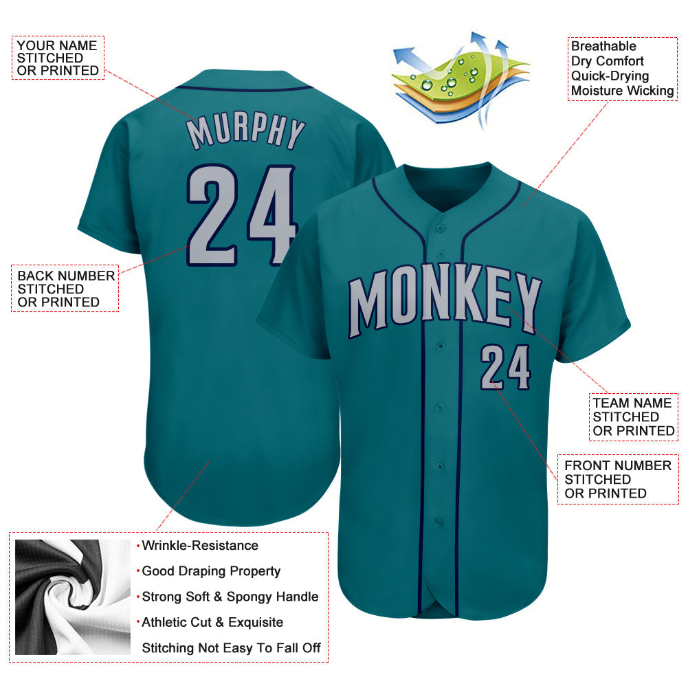 Custom Teal Gray-Navy Authentic Baseball Jersey view 3