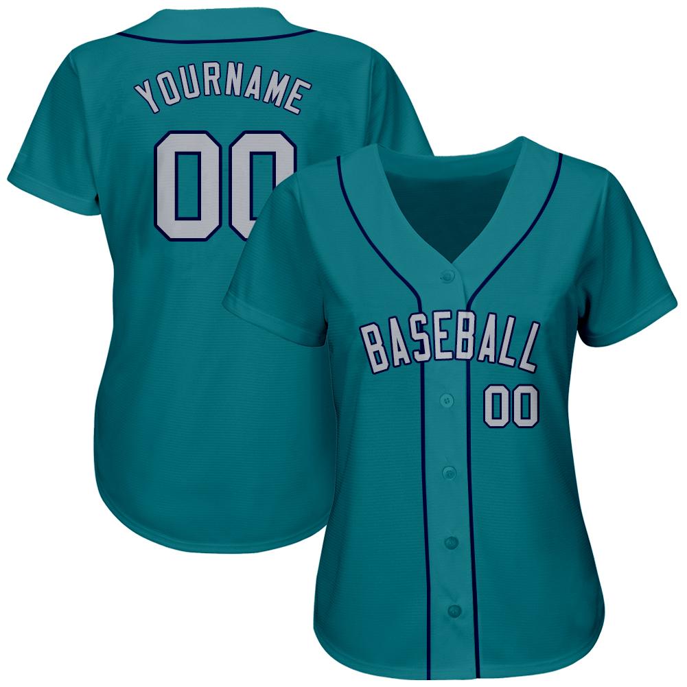 Custom Teal Gray-Navy Authentic Baseball Jersey view 2
