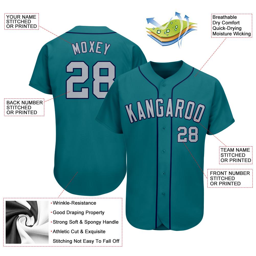 Custom Teal Gray-Navy Authentic Baseball Jersey view 3