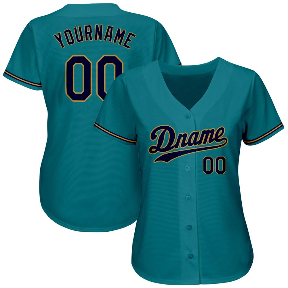 Custom Teal Navy-Old Gold Authentic Baseball Jersey view 2