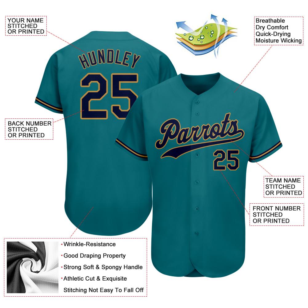 Custom Teal Navy-Old Gold Authentic Baseball Jersey view 3