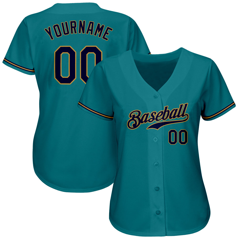 Custom Teal Navy-Old Gold Authentic Baseball Jersey view 3