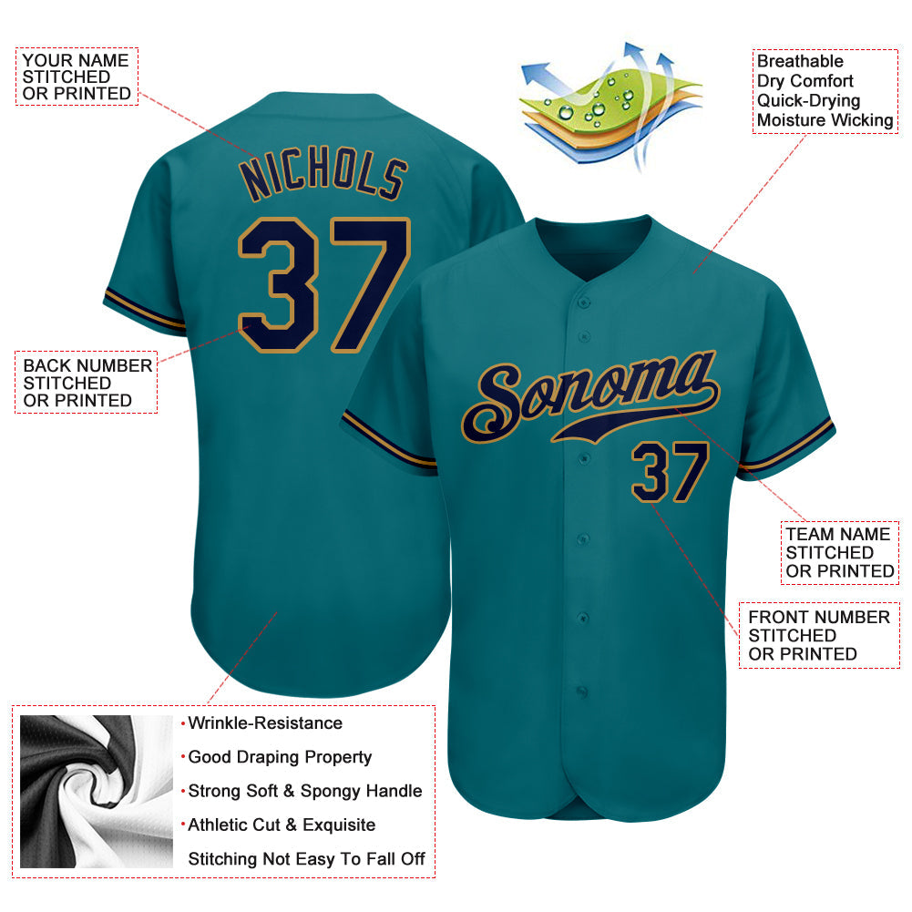 Custom Teal Navy-Old Gold Authentic Baseball Jersey view 4